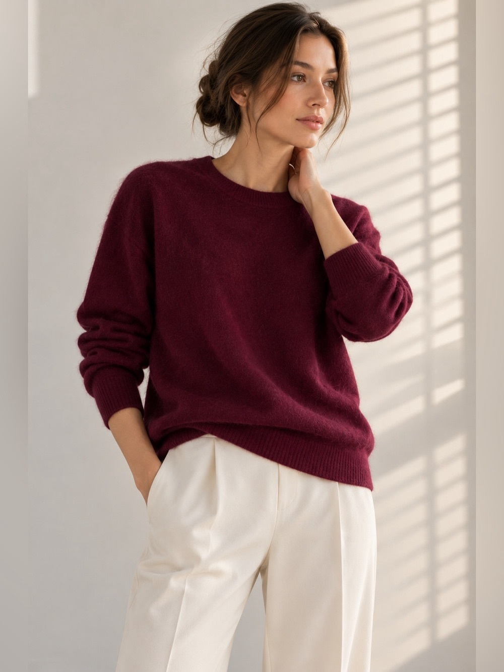 Nordstrom Brushed Cashmere Burgundy Crew Neck Sweater